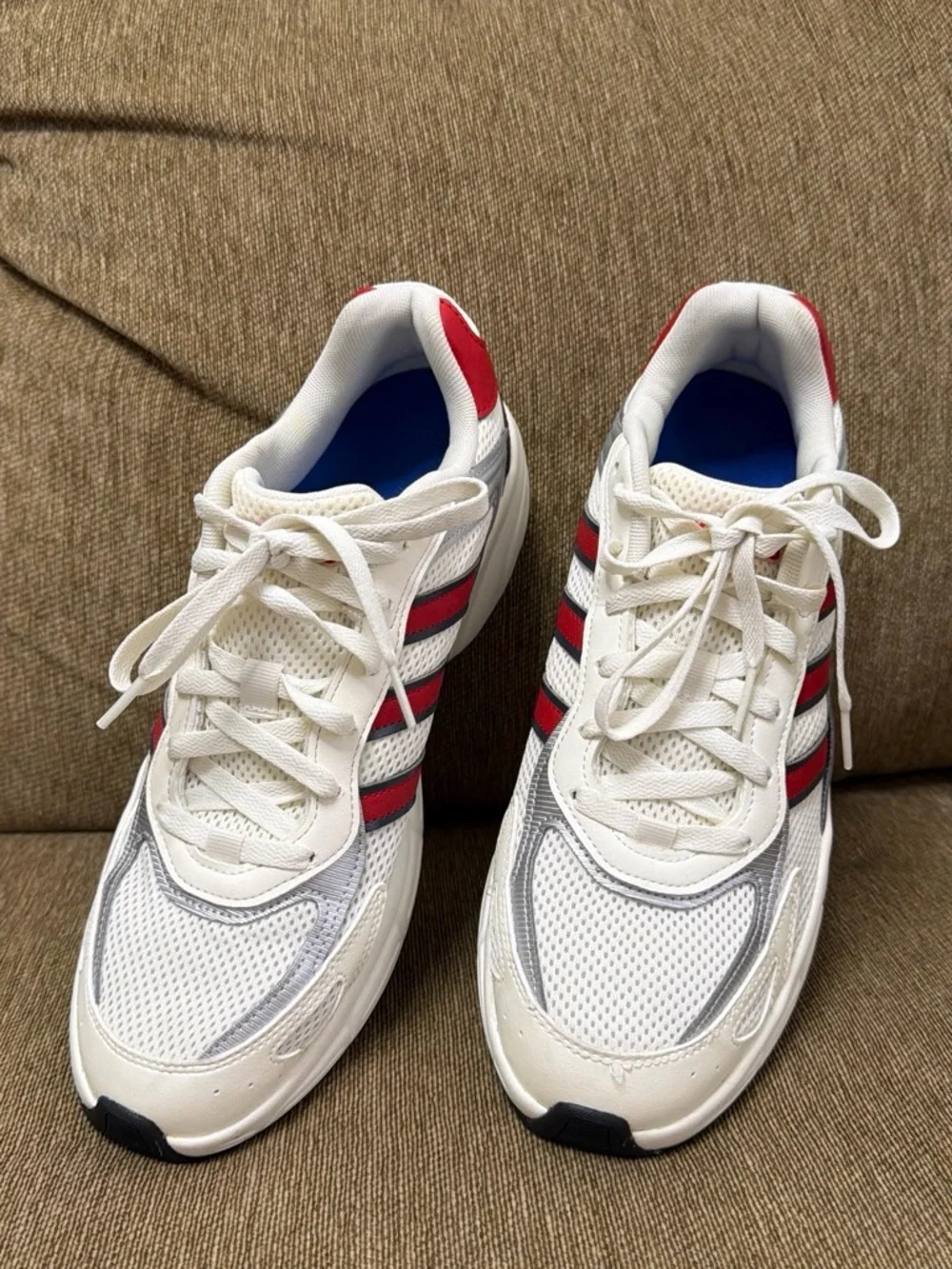 adidas White Sneakers with Red and Gray Stripe Accents - Men size 11